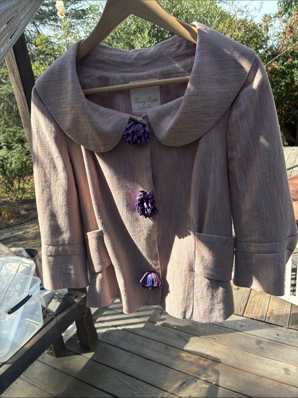 Tracy Reese Blush-Pink Cropped Jacket with Purple Rosette Buttons